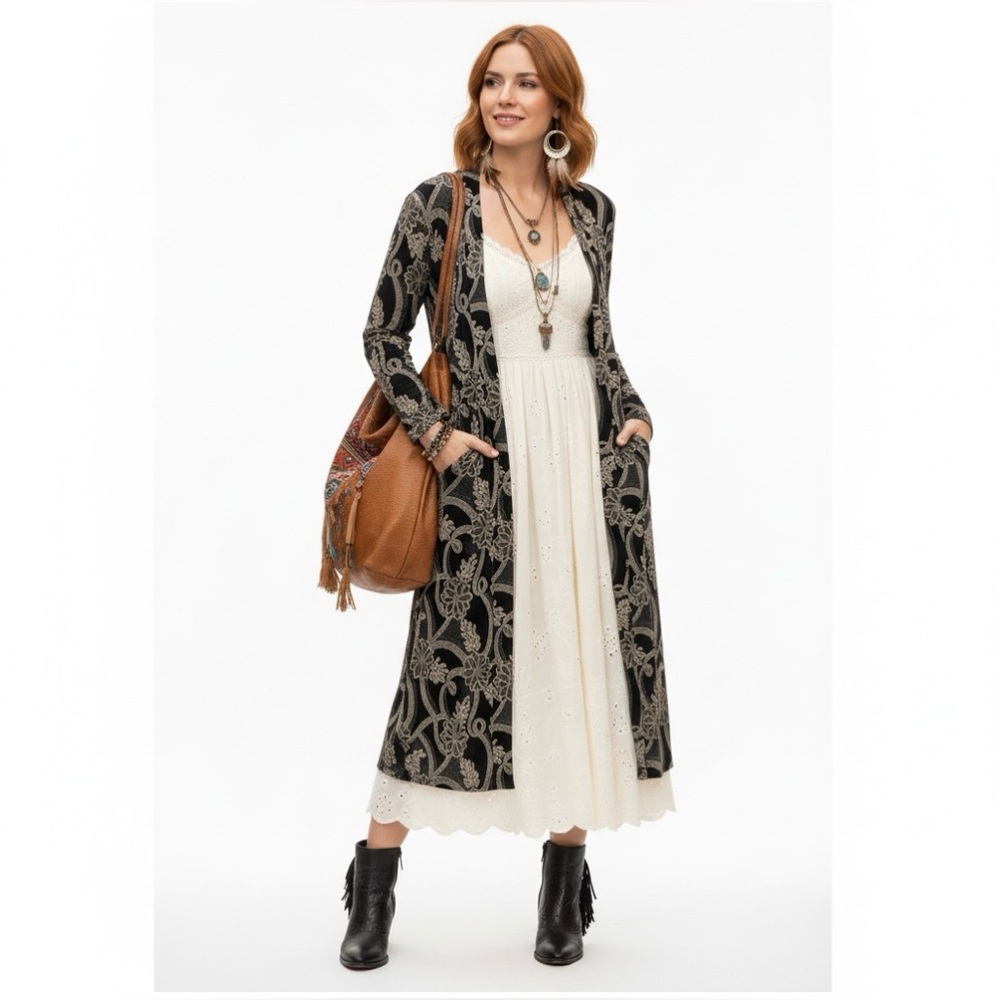 Vintage Floral Longline Open Front Duster Cardigan Dark Romantic Granny Chic 16